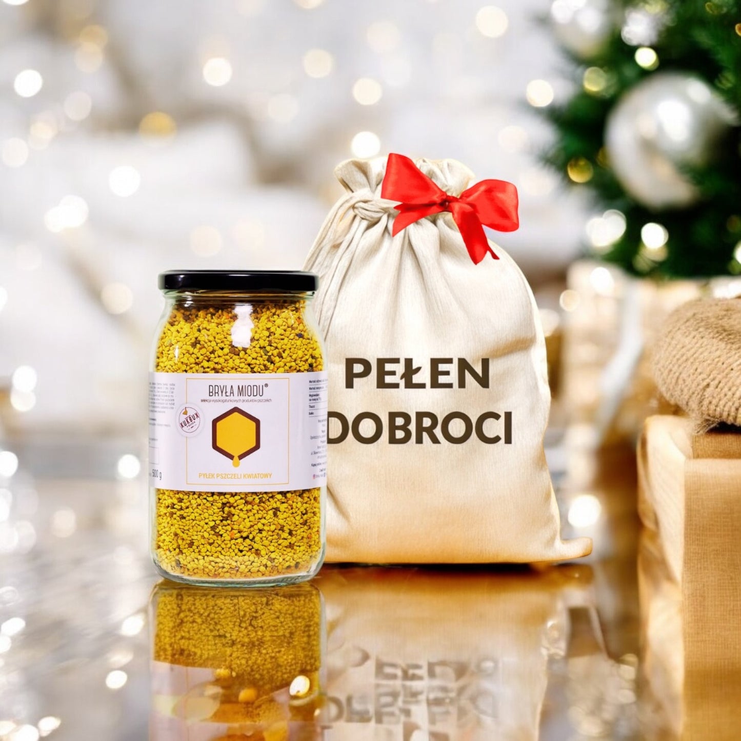Pyłek pszczeli w worku z czerwoną kokardą
